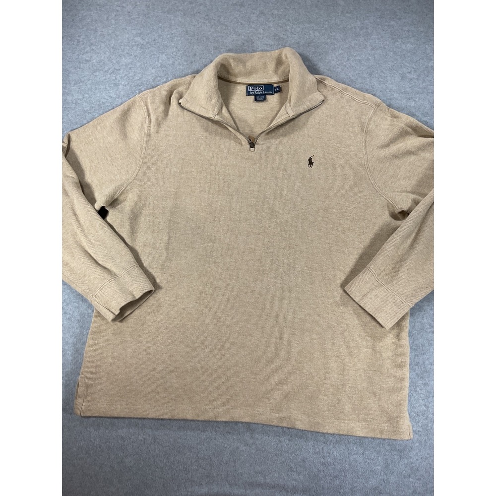 Polo Ralph Lauren Mens XL Tan Cotton Ribbed Quarter Zip Pullover Sweater 2934